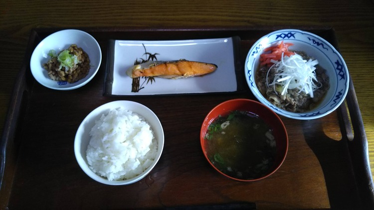 【画像】ワイの作った牛鮭定食(420円)