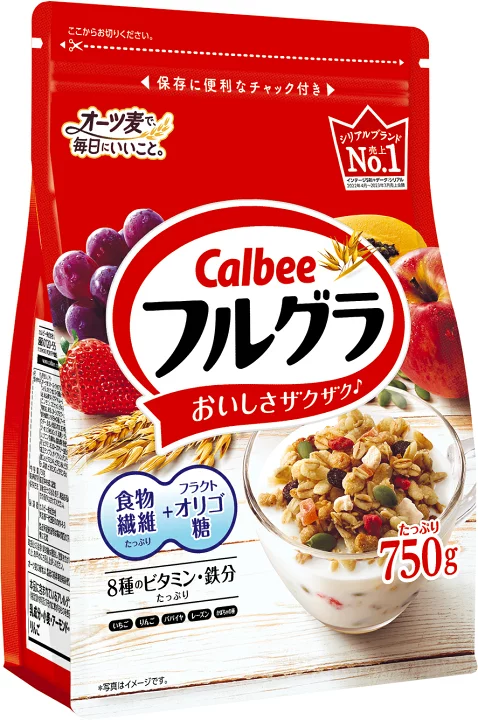 フルグラ「一汁三菜と同じ栄養です。食物繊維豊富です。美味しいです。簡単です。」